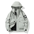 Men's outdoor hooded jacket in light grey featuring classic arm badge and velcro cuffs - S / Ethereal Blue