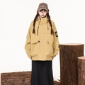 Neutral khaki hooded outdoor windbreaker jacket with cargo multi-pockets and arm patch - S / Lemon Green