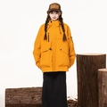 Relaxed orange hooded windbreaker outdoor cargo jacket with functional utility pockets - S / Maple Leaf Yellow