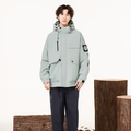 Men's light grey-green outdoor hooded windbreaker jacket with arm patch and multi-pockets - S / Verdant Green