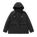 Schwarze Outdoor-Funktionsjacke mit Kapuze, orangem Kordelzug und Klettverschluss - S / Schwarz