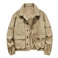 Men's khaki Japanese retro work jacket with multi-pocket design and elastic hem - M / Khaki