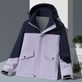 Outdoor padded jacket in navy and lavender color blocking with windproof hood - Women's Style / Light Purple / Dark Blue / M
