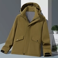 Olive green hooded outdoor jacket with windproof fabric and functional cargo pockets - L / Men's Mustard Green