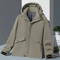 Waterproof khaki outdoor hooded jacket with windproof fabric and breathable mesh lining - Men's / Light Gray-green / L