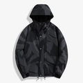 Waterproof dark grey camo outdoor jacket with hooded collar and functional pockets - XS / Black