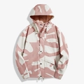 Pink and white abstract floral hooded outdoor jacket with drawstring and large flap pockets - XS / Pink