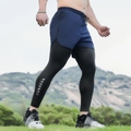 Men's 2-in-1 navy blue sports leggings with pockets for running and gym workouts - XS / Blue