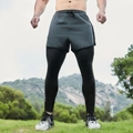 Men's 2-in-1 dark grey training leggings with shorts and drawstring waist for fitness - XS / Gray