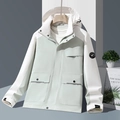 Outdoor herenjack met capuchon in beige en lichtgroen met winddichte patchwork stof - XXS / Heren / Mistig Blauw / Ginkgo Wit