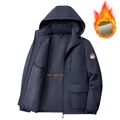 Giacca in pile antivento da uomo blu scuro con cappuccio e fodera grigia calda - M / Blu scuro