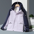 Unisex outdoor windbreaker in purple and navy patchwork with hooded cargo design - XXS / Women's Style/Light Purple