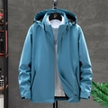Men's hooded windbreaker jacket in grey-blue with explore print and full zipper - M / Men's Fog Blue
