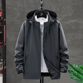 Deep grey functional hooded outdoor jacket with windproof matte finish and adjustable cuffs - M / Male/Grey
