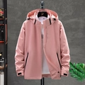 Men's pale pink windproof hooded jacket with vertical zip pocket and adjustable cuffs - M / Women's Pink