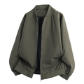 Classic army green men's bomber jacket with ribbed collar and silver zipper detail - M / Army Green