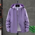 Water-resistant lavender hooded jacket for men and women featuring EXPLORE print detail - M / Women's Taro Purple