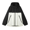 Minimalist black and white color block windbreaker with hood and zipper pockets - S / Black and White Patchwork