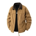 Men's casual canvas jacket in khaki brown with contrasting corduroy collar and zip up front - S / Dark Khaki
