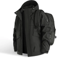 Men's black hooded outdoor hiking jacket with tactical backpack and utility pockets - S / Black