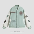 Πράσινο αμερικανικό varsity jacket με κέντημα λουλουδιών και λευκά μανίκια - S / Πράσινο Φασολιού