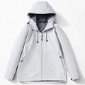 Light grey hooded softshell jacket with front zipper and adjustable drawstrings - M / Birch Gray