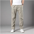 Men's khaki multi-pocket cargo pants with elastic waist and straight fit in pure cotton - M / Light Gray