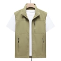 Gilet da pesca outdoor multitasche da uomo in colore verde fagiolo con collo alto - S / Cachi