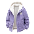 Wendejacke aus lila Cord mit Lammwollfutter und weißem M-Patch für den Winter - S / Morgenlila