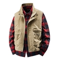 Men's khaki outdoor utility vest featuring multiple zipper pockets and high stand collar - M / Khaki