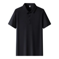 Klassisches schwarzes Kurzarm-Poloshirt aus Eisseide mit drei Knöpfen und Kragen - M / Obsidianschwarz