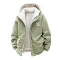 Light green corduroy sherpa-lined hooded jacket with white M letter patch and zipper - S / Matcha Green