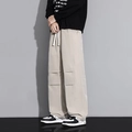 Men's loose beige cargo pants with drawstring waist and tactical pleated leg details - M / Khaki