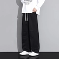 Men's loose black cargo pants with white drawstring and structured leg detailing - M / Black