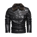 Schlanke schwarze Motorrad-Lederjacke für Herren mit braunem Kunstfellkragen und Aufnähern - L / Schwarz