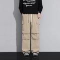 Pantaloni cargo kaki larghi da uomo con ampie tasche laterali e coulisse in vita - M / Cachi