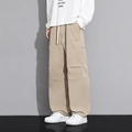 Casual loose fit khaki cargo pants for men with drawstring waist and side pockets - M / Khaki