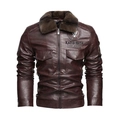 Vintage Herren Motorradjacke aus dunkelbraunem Kunstleder mit warmem Pelzkragen - L / Burgunderrot