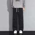 Men's black cargo pants with loose straight fit, side pockets and white drawstrings - M / Black