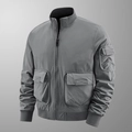 Grey men's stand collar bomber jacket with multi-pocket utility design and ribbed cuffs - M / Gray