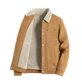 Herren Winterjacke aus braunem Wildlederimitat mit weißem Lammfellkragen und Fleecefutter - M / Karamell