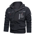 Men's black hooded outdoor functional jacket with multiple pockets and white chest print - M / Black