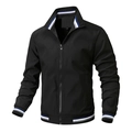 Men's casual black bomber jacket with striped rib-knit collar and cuffs, solid color coat - M / Black