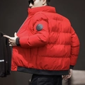 Men's winter red padded jacket with tiger crest and stylish black ribbed cuffs - M / Red