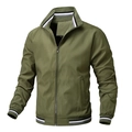 Men's olive casual jacket with striped ribbed collar and cuffs on a white background - M / Green