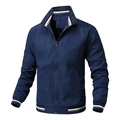 Men's slim fit navy blue bomber jacket with striped ribbed trim in sport casual style - M / Dark Blue