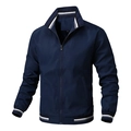 Men's navy blue stand collar casual jacket with athletic striped cuffs and hem in size L - M / Navy Blue