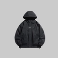 Waterproof black hooded windbreaker jacket with adjustable drawstring and sports lettering - S / Black