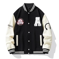 Stijlvol zwart-wit varsity jack voor heren met geborduurde patches op witte basis - S / Zwart