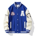 Klassiek blauw en crème varsity jack met borduursel en gestreepte ribboorden - S / Klein Blauw